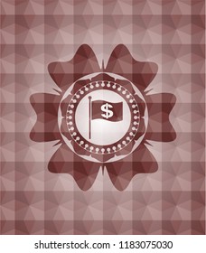 flag with money symbol inside icon inside red emblem with geometric pattern background. Seamless.