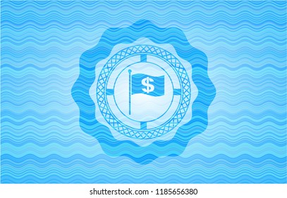 flag with money symbol inside icon inside light blue water wave badge background.