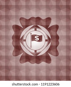 flag with money symbol inside icon inside red emblem with geometric background. Seamless.