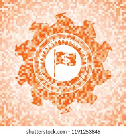 flag with money symbol inside icon inside abstract emblem, orange mosaic background