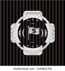 flag with money symbol inside icon inside silver shiny badge