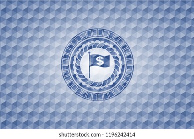 flag with money symbol inside icon inside blue badge with geometric pattern.