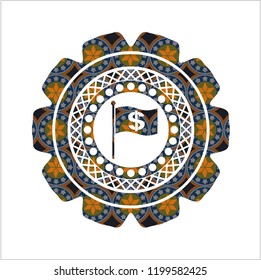 flag with money symbol inside icon inside arabic badge. Arabesque decoration.