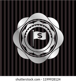 flag with money symbol inside icon inside silvery badge or emblem