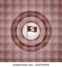 flag with money symbol inside icon inside red seamless emblem with geometric pattern background.