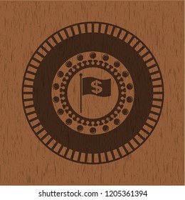 flag with money symbol inside icon inside wood badge or emblem