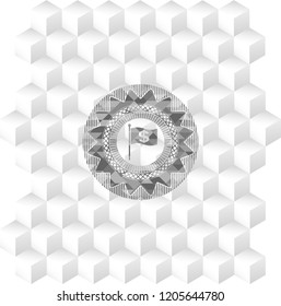 flag with money symbol inside icon inside grey emblem with cube white background