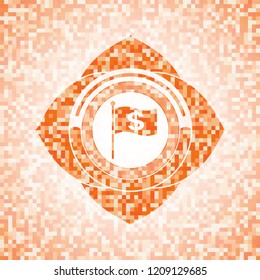 flag with money symbol inside icon inside abstract orange mosaic emblem with background