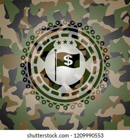 flag with money symbol inside icon on camouflage pattern