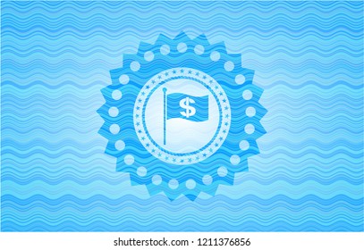 flag with money symbol inside icon inside water representation style emblem.
