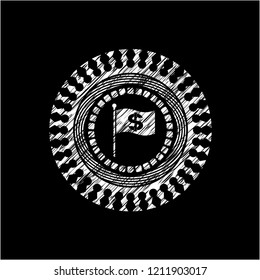 flag with money symbol inside icon inside chalkboard emblem on black board