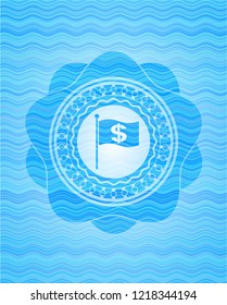  flag with money symbol inside icon inside sky blue water wave style emblem.
