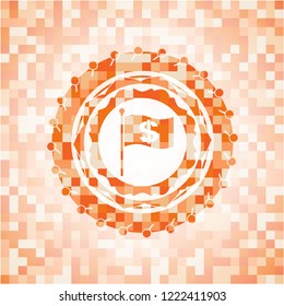 flag with money symbol inside icon inside orange tile background illustration. Square geometric mosaic seamless pattern with emblem inside.