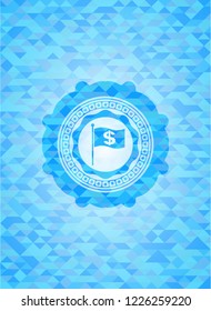 flag with money symbol inside icon inside sky blue emblem with triangle mosaic background