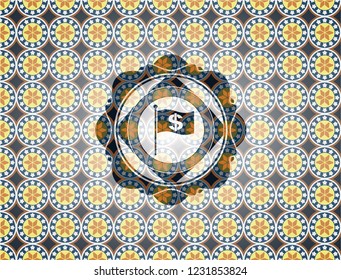 flag with money symbol inside icon inside arabic badge background. Arabesque decoration.
