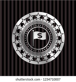 flag with money symbol inside icon inside silver badge