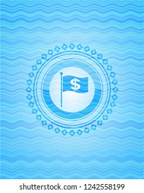 flag with money symbol inside icon inside light blue water wave emblem background.