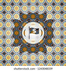 flag with money symbol inside icon inside arabic badge background. Arabesque decoration.
