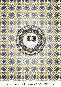 flag with money symbol inside icon inside arabesque emblem. arabic decoration.