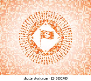 flag with money symbol inside icon inside orange mosaic emblem with background