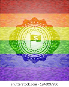 flag with money symbol inside icon on mosaic background with the colors of the LGBT flag