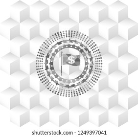 flag with money symbol inside icon inside grey badge with geometric cube white background