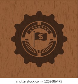 flag with money symbol inside icon inside wooden emblem. Vintage.