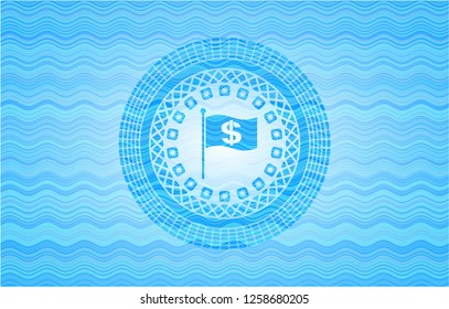 flag with money symbol inside icon inside sky blue water wave emblem.