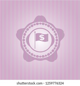 flag with money symbol inside icon inside pink emblem. Retro