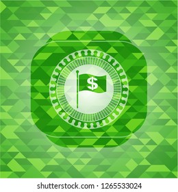 flag with money symbol inside icon inside green mosaic emblem