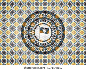 flag with money symbol inside icon inside arabic badge. Arabesque decoration.