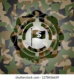 flag with money symbol inside icon on camo pattern