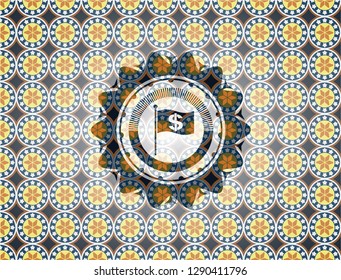 flag with money symbol inside icon inside arabesque badge. arabic decoration.