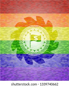 flag with money symbol inside icon inside emblem on mosaic background with the colors of the LGBT flag