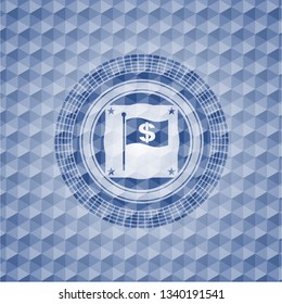 flag with money symbol inside icon inside blue emblem or badge with abstract geometric pattern background.