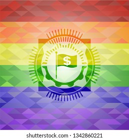 flag with money symbol inside icon on mosaic background with the colors of the LGBT flag