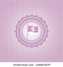 flag with money symbol inside icon inside pink emblem. Retro