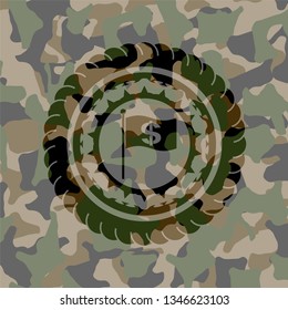flag with money symbol inside icon on camouflage texture
