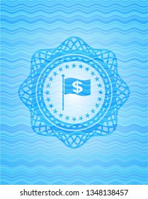 flag with money symbol inside icon inside light blue water wave emblem background.