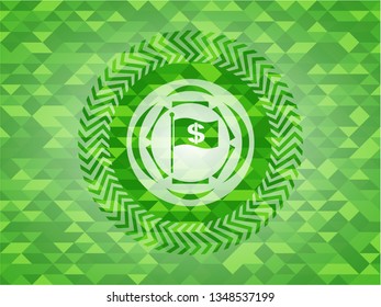 flag with money symbol inside icon inside green emblem with triangle mosaic background