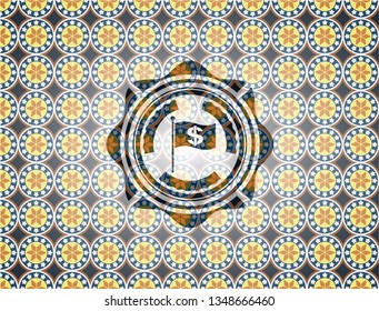 flag with money symbol inside icon inside arabic style emblem. Arabesque decoration.