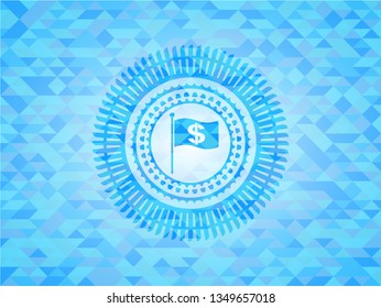 flag with money symbol inside icon inside sky blue emblem with mosaic background