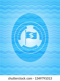 flag with money symbol inside icon inside light blue water badge background.
