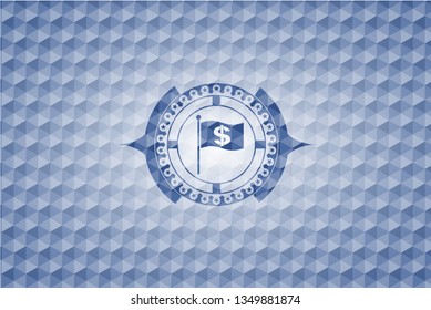 flag with money symbol inside icon inside blue emblem with geometric pattern.