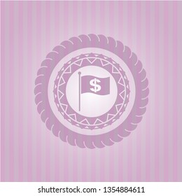 flag with money symbol inside icon inside pink emblem. Vintage.