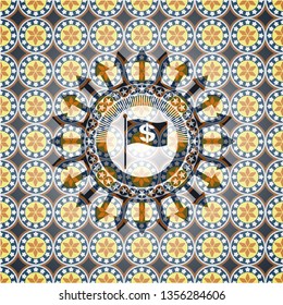 flag with money symbol inside icon inside arabic emblem. Arabesque decoration.