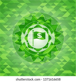 flag with money symbol inside icon inside realistic green emblem. Mosaic background
