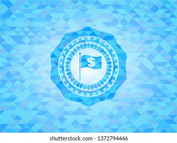 flag with money symbol inside icon inside light blue emblem with mosaic ecological style background