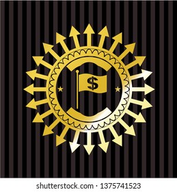 flag with money symbol inside icon inside gold badge