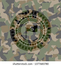 flag with money symbol inside icon inside camo emblem